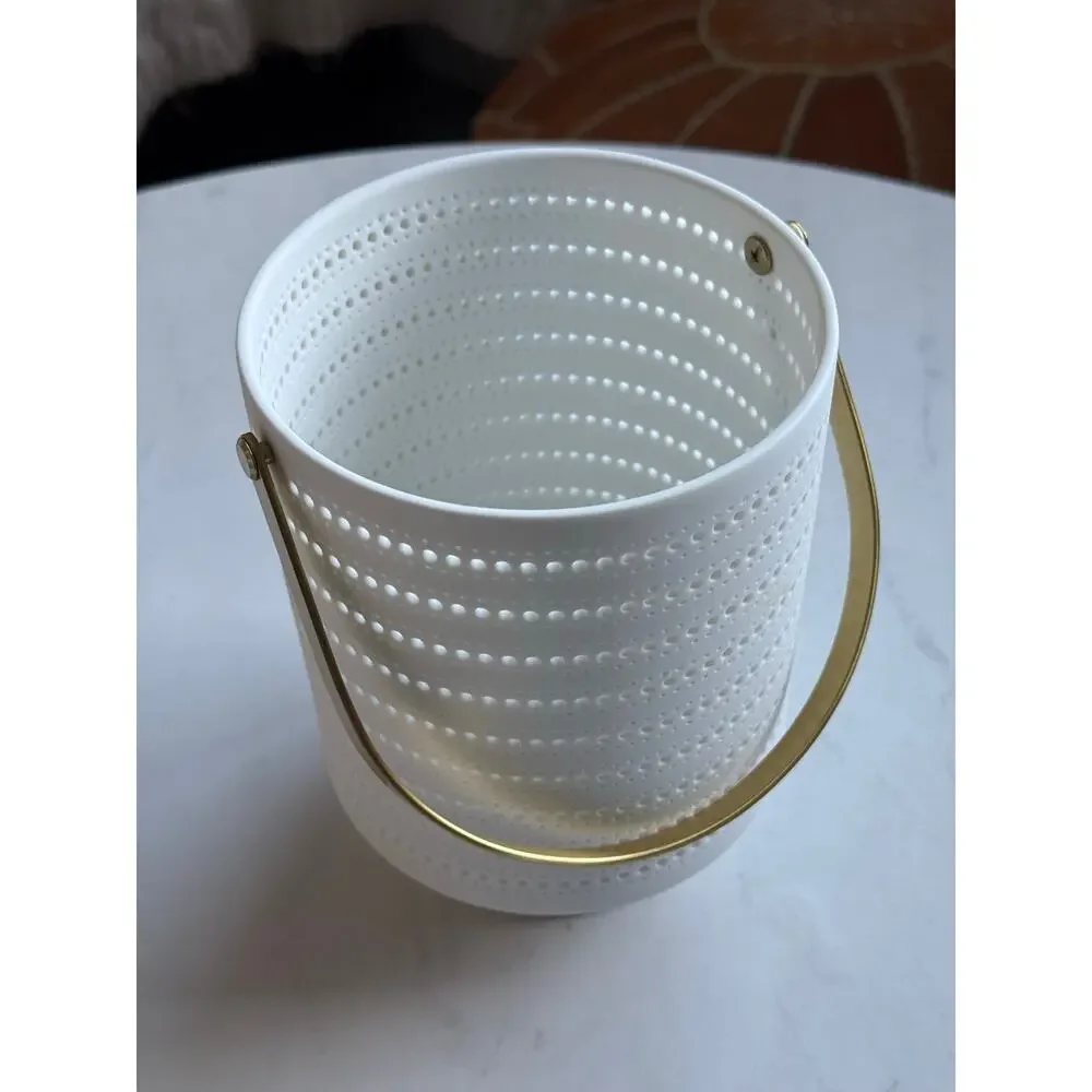 West Elm White Porcelain Pierced Hurricane Candle Holder Lantern Gold Handle